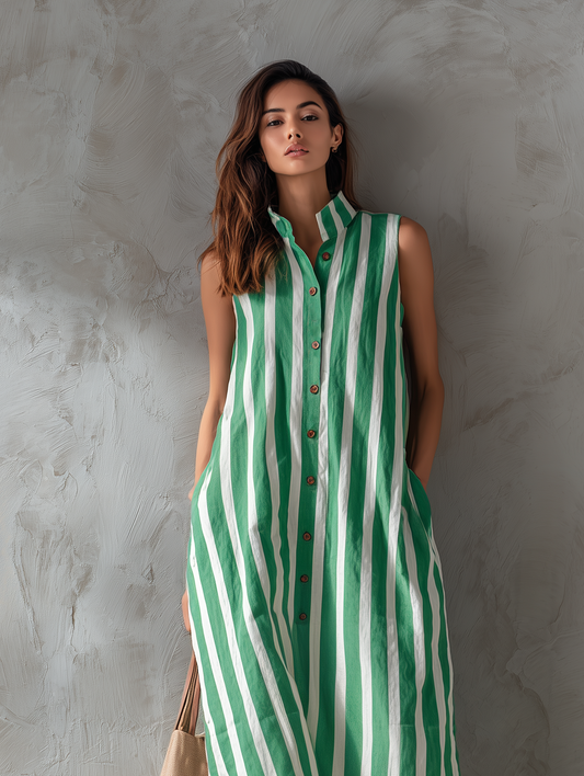 Maxi vestido casual sin mangas de tejido plano con rayas blancas y verdes para mujer