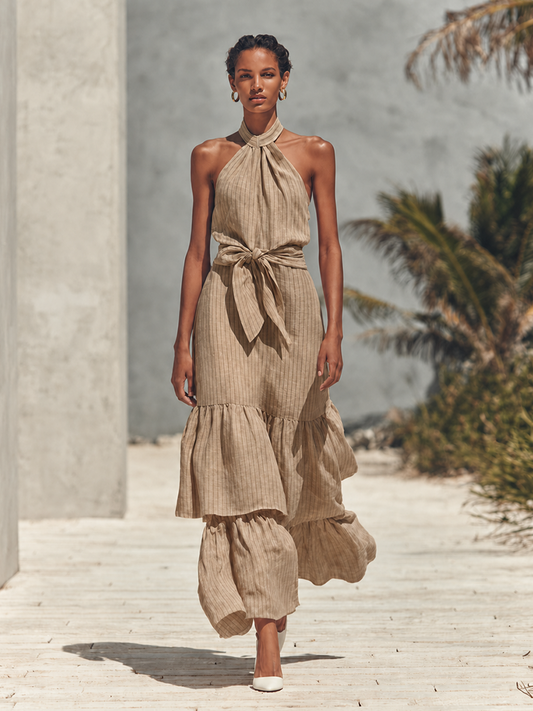 Monica - Vestido largo estilo halter minimalista a rayas verticales