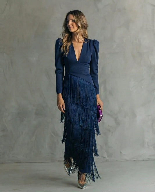 Natasha | Vestido largo con flecos y escote en V
