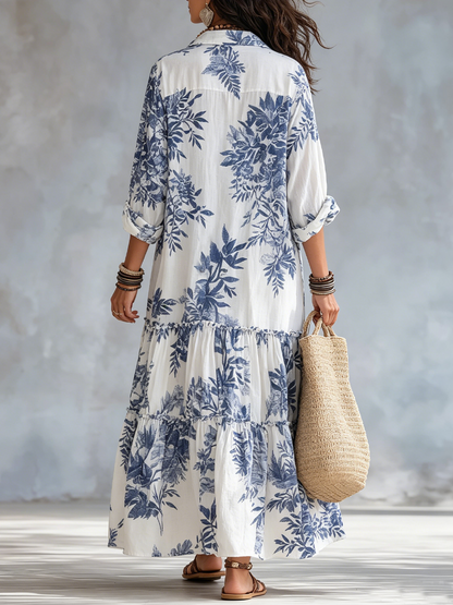 Vestido Maxi Camisero con Estampado Floral Azul y Blanco - Estilo Boho Chic