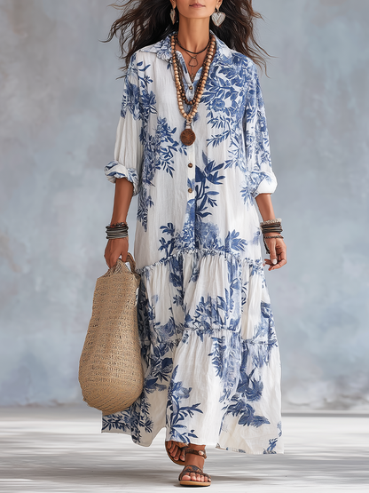 Vestido Maxi Camisero con Estampado Floral Azul y Blanco - Estilo Boho Chic