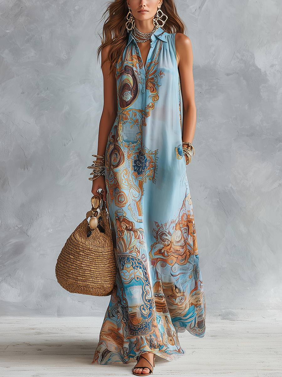 Jordina | Vestido camisero largo con estampado barroco