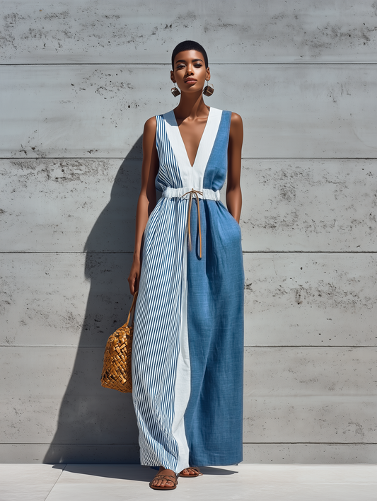 Andrea - Maxi vestido sin mangas para mujer con diseño de bloques de color y rayas
