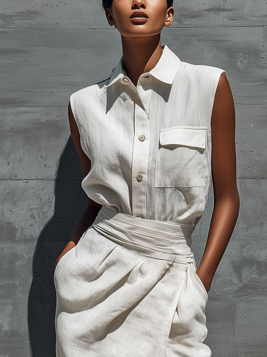 Maria - Conjunto de dos piezas para mujer: camisa blanca de lino sin mangas