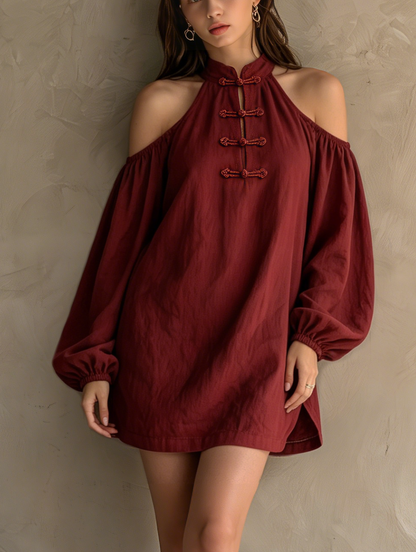 Minivestido casual de manga larga y hombros descubiertos para mujer