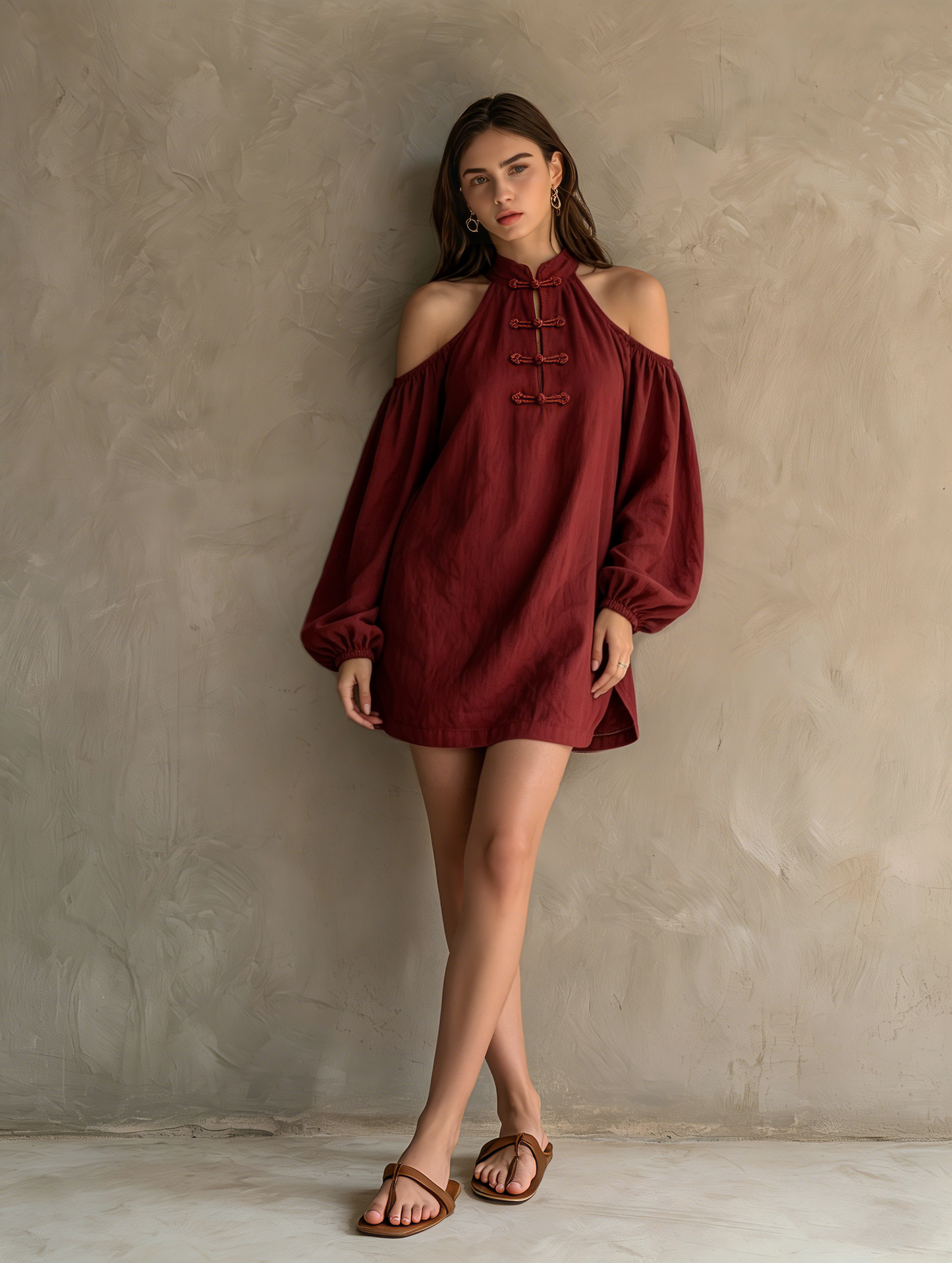 Minivestido casual de manga larga y hombros descubiertos para mujer