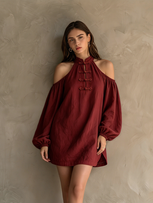 Minivestido casual de manga larga y hombros descubiertos para mujer