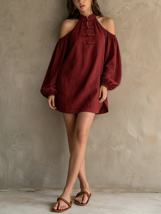 Minivestido casual de manga larga y hombros descubiertos para mujer