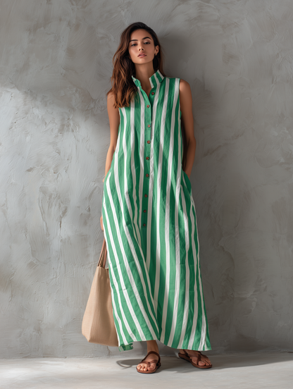 Maxi vestido casual sin mangas de tejido plano con rayas blancas y verdes para mujer