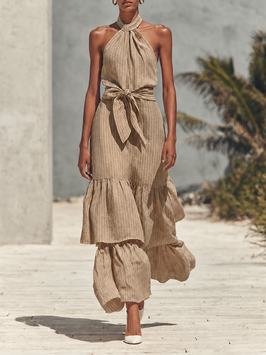Monica - Vestido largo estilo halter minimalista a rayas verticales