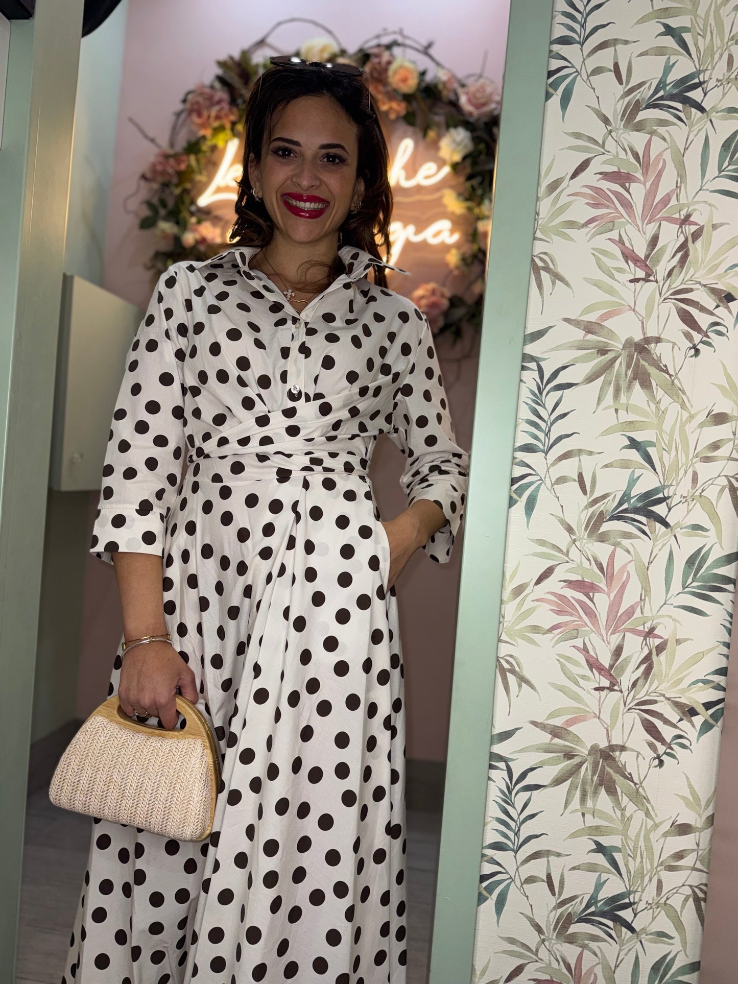 Paula - Vestido Camisero Midi Verde con Topos