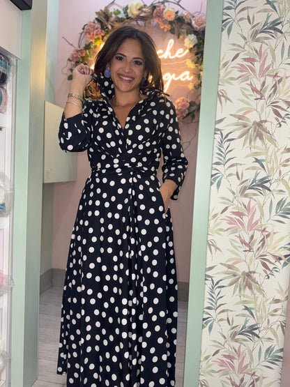 Paula - Vestido Camisero Midi Verde con Topos