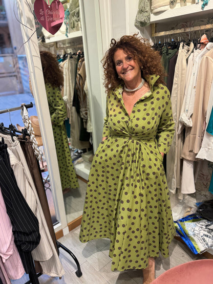Paula - Vestido Camisero Midi Verde con Topos