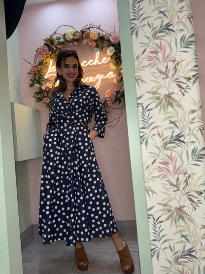 Paula - Vestido Camisero Midi Verde con Topos