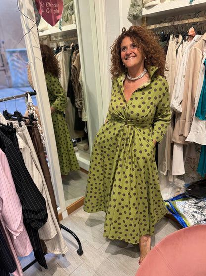 Paula - Vestido Camisero Midi Verde con Topos
