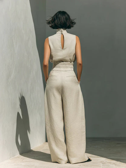 Flor™ | Conjunto minimalista de blusa sin mangas y pantalón de pernera ancha en algodón y lino para mujer