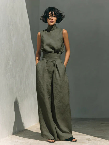 Flor™ | Conjunto minimalista de blusa sin mangas y pantalón de pernera ancha en algodón y lino para mujer