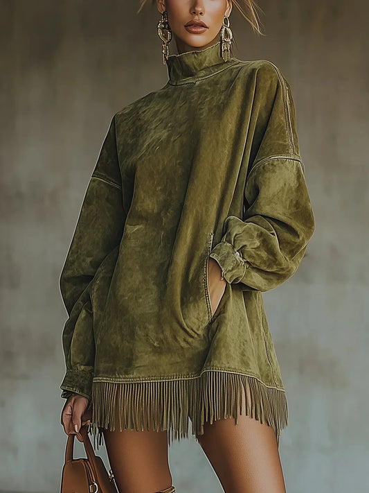 LAURA – Vestido de cuello alto de ante con flecos en el bajo