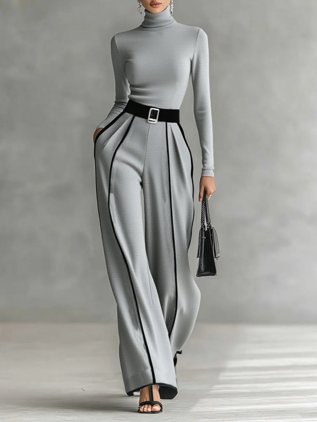 Conjunto de top de cuello alto con mangas largas y pantalones anchos con cinturón
