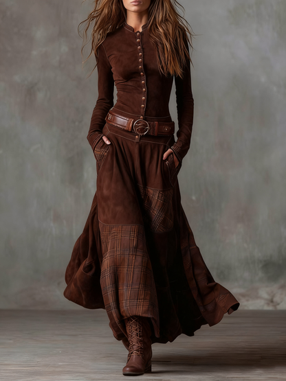 ANDREA – Vestido maxi de ante con cinturón
