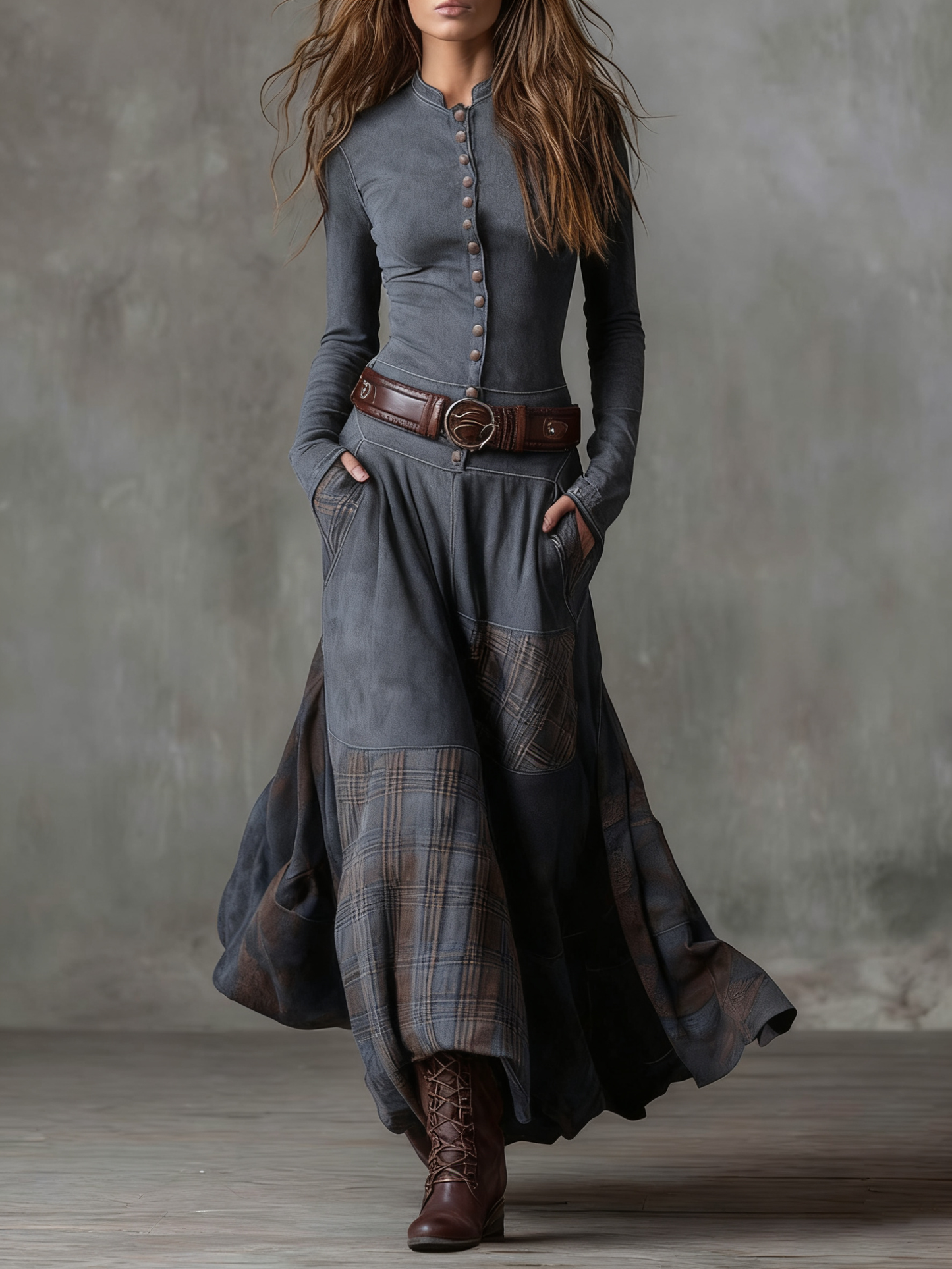 ANDREA – Vestido maxi de ante con cinturón