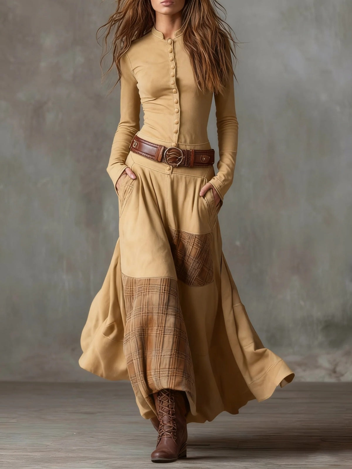 ANDREA – Vestido maxi de ante con cinturón