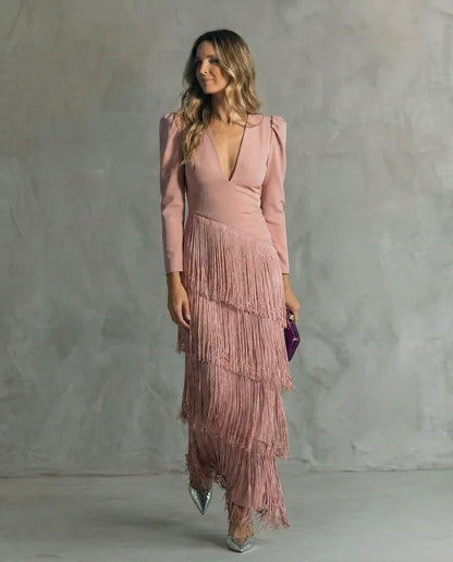 Natasha | Vestido largo con flecos y escote en V