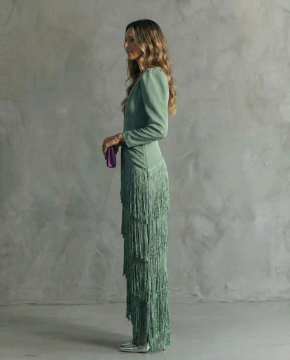 Natasha | Vestido largo con flecos y escote en V