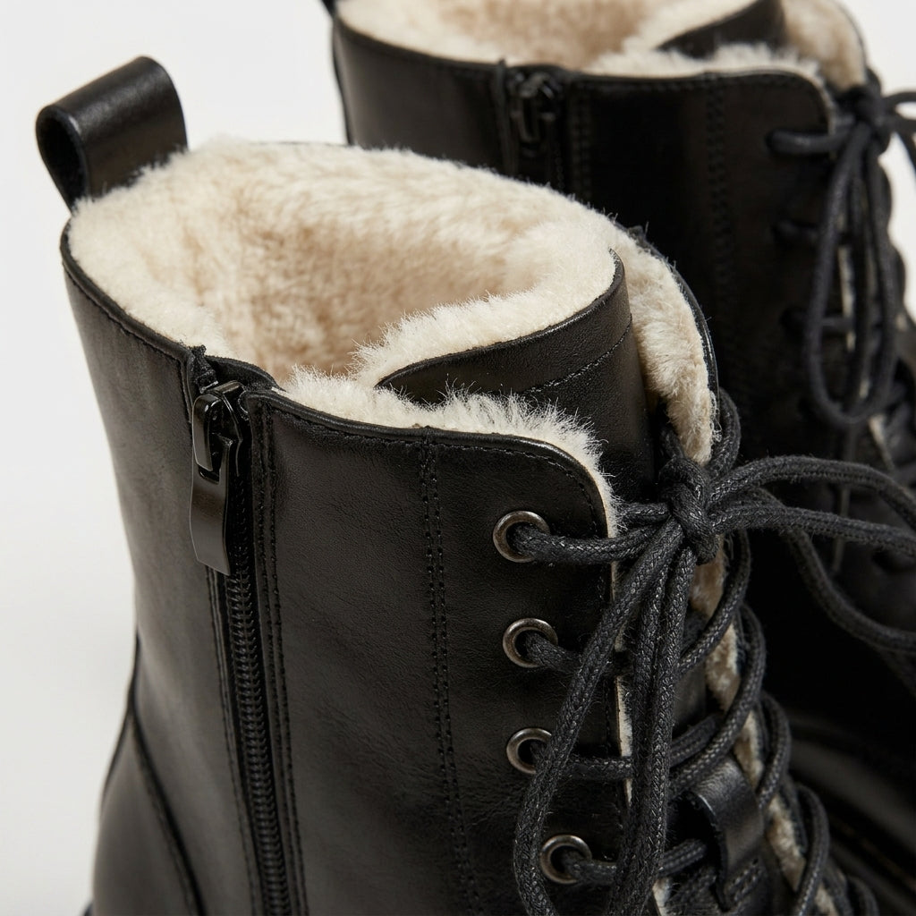 Detalle del forro de pelo y los cordones de la bota María
