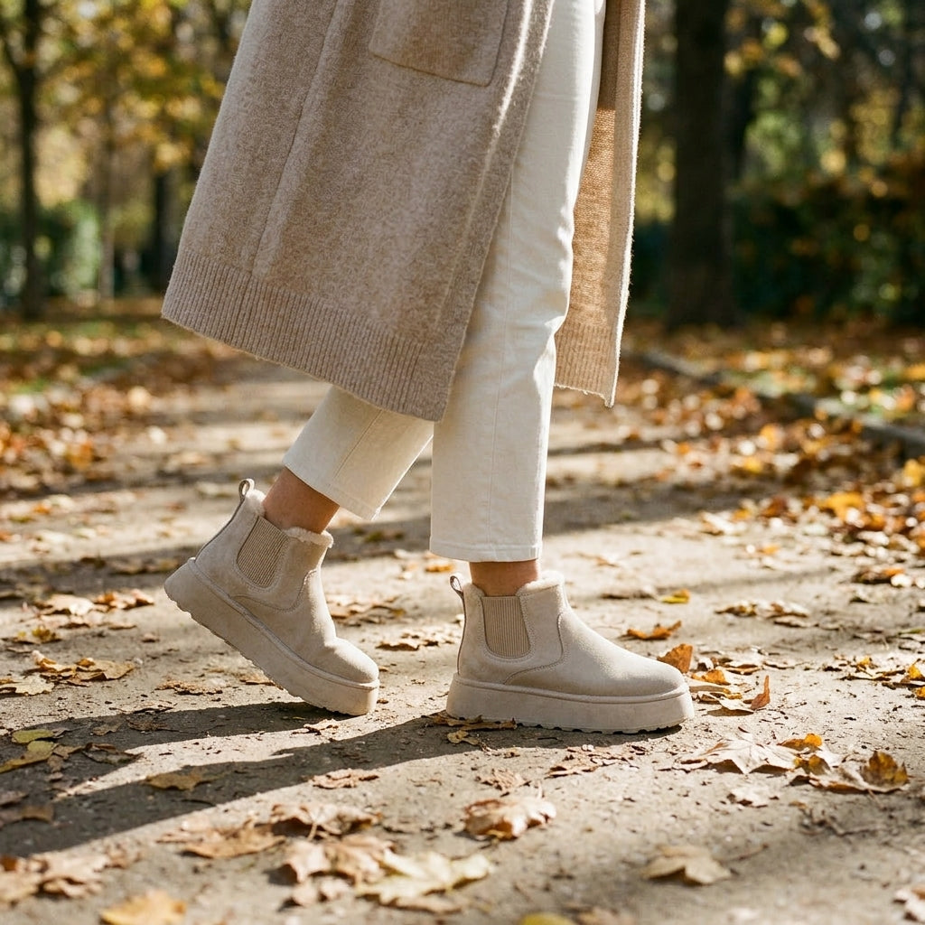 Mujer paseando por el parque en otoño con los botines Martina beige