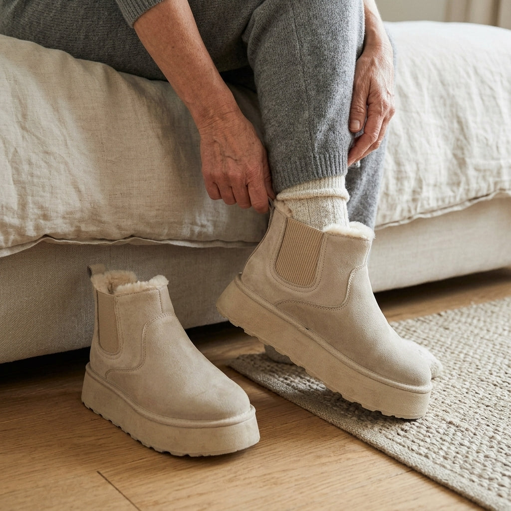 Mujer calzándose los botines Martina sin cordones gracias al elástico