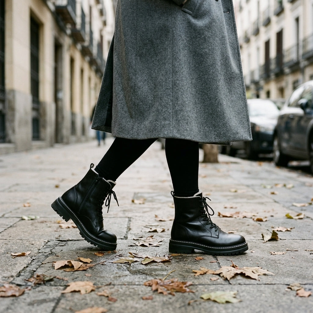 Mujer paseando en invierno con abrigo gris y botas María