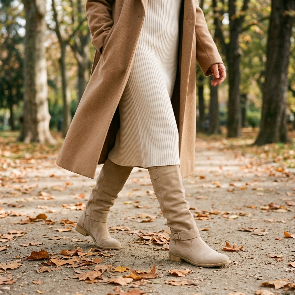 Mujer paseando en otoño con vestido de punto y botas altas Lola