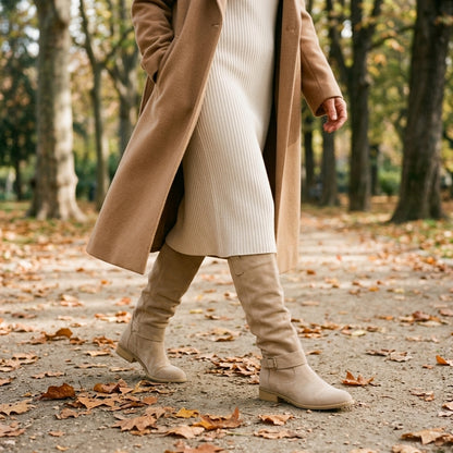 Mujer paseando en otoño con vestido de punto y botas altas Lola
