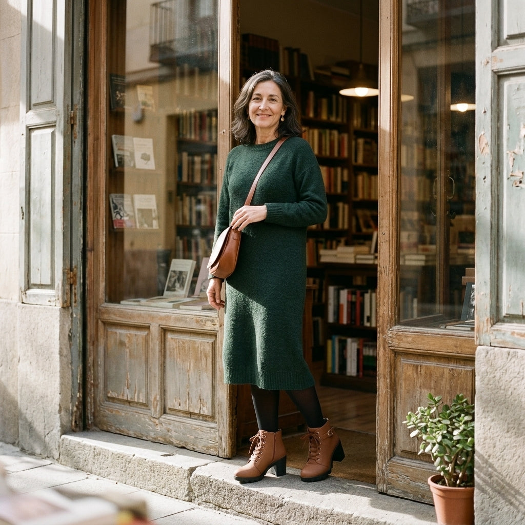 Mujer con vestido verde de punto, medias y botines Isabel