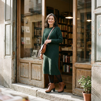 Mujer con vestido verde de punto, medias y botines Isabel