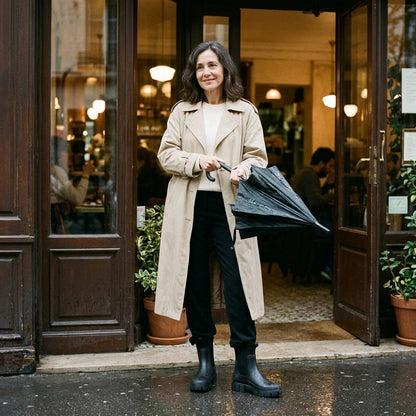 Mujer con gabardina y las botas impermeables Irene en un día de lluvia