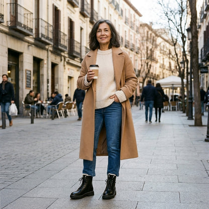 Mujer con vaqueros, jersey y abrigo camel con botas María