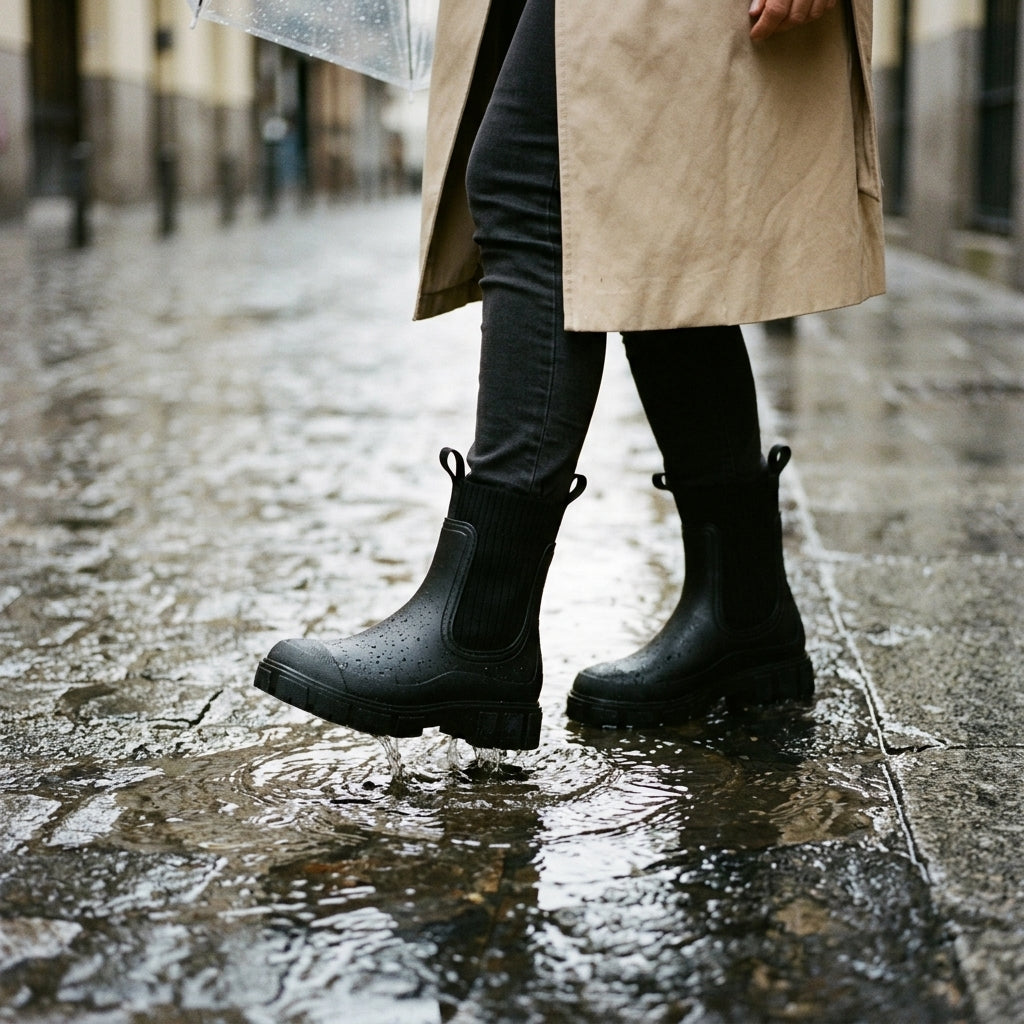 Botas Irene pisando charcos en la calle mojada, pies secos