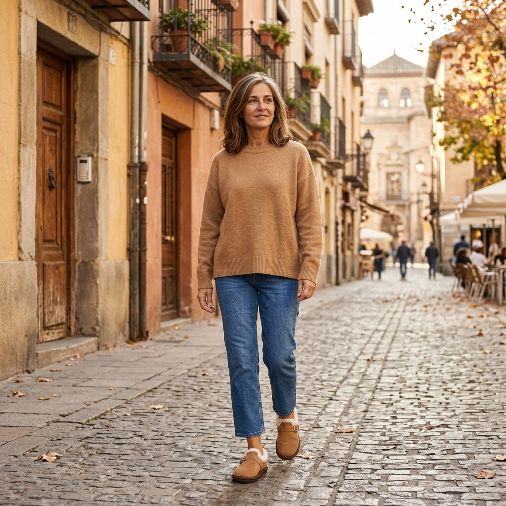 Mujer paseando por una calle de otoño con vaqueros y zapatillas Lucía marrón claro