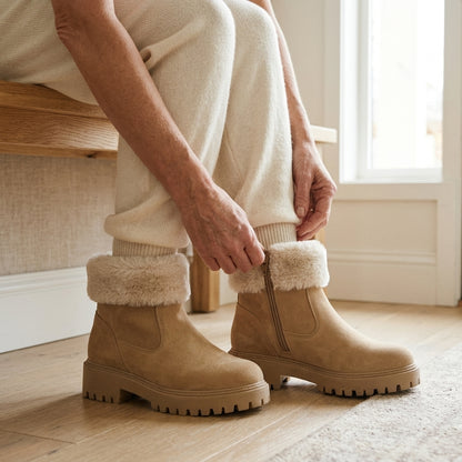 Mujer subiendo fácilmente la cremallera lateral de las botas Nora