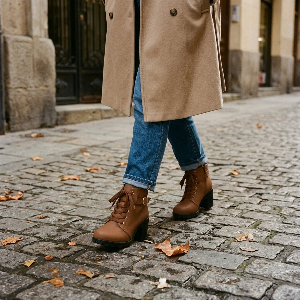 Mujer paseando por calle empedrada con vaqueros y botines Isabel