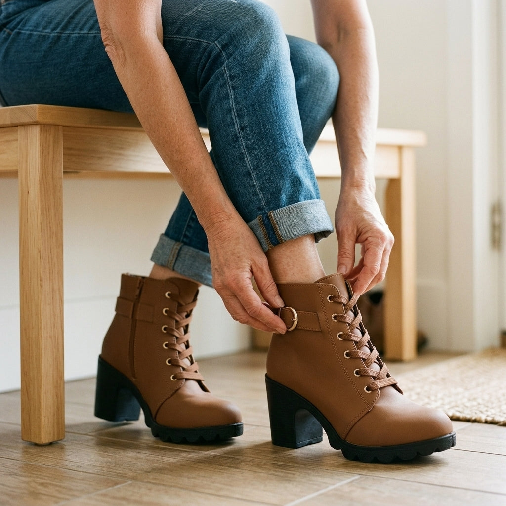 Mujer ajustando la hebilla de los botines Isabel