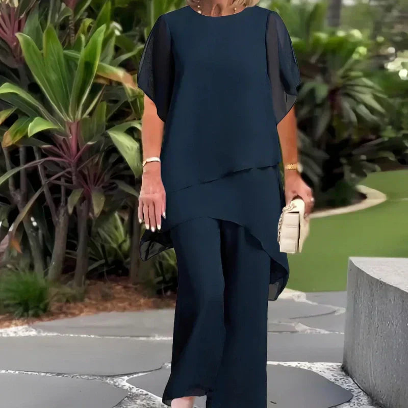 Carmen - Encantador conjunto de top irregular y pantalones de pierna ancha