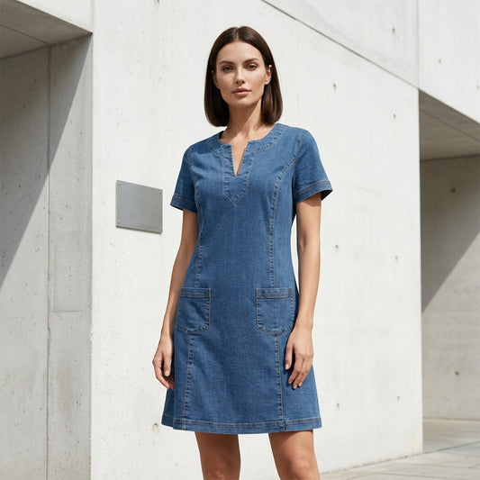 Vestido Denim Mujer – Escote en V, Manga Corta, Casual